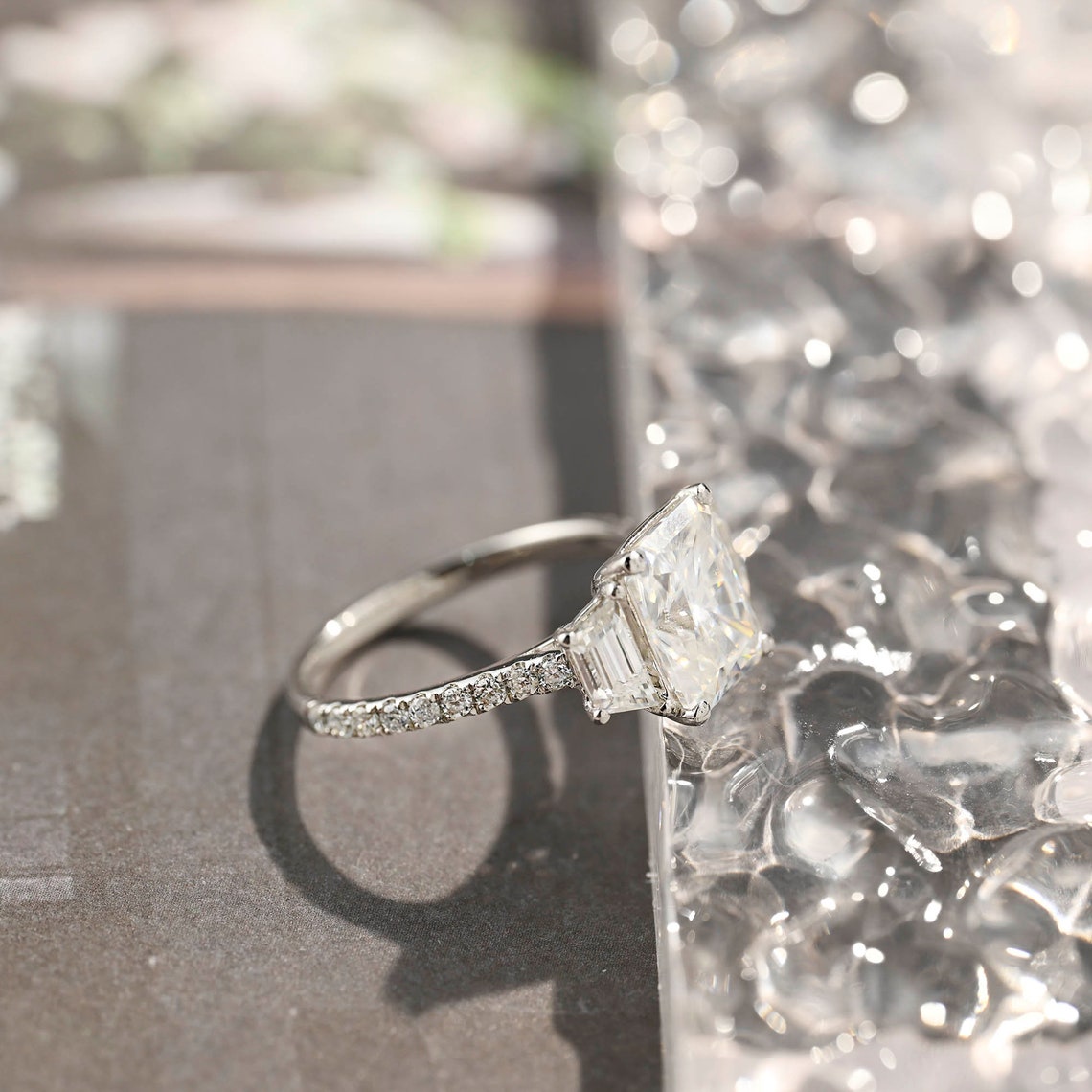 Stunning 4.0 CT Radiant Moissanite Engagement Ring with 3 Stones & Pave Design 5