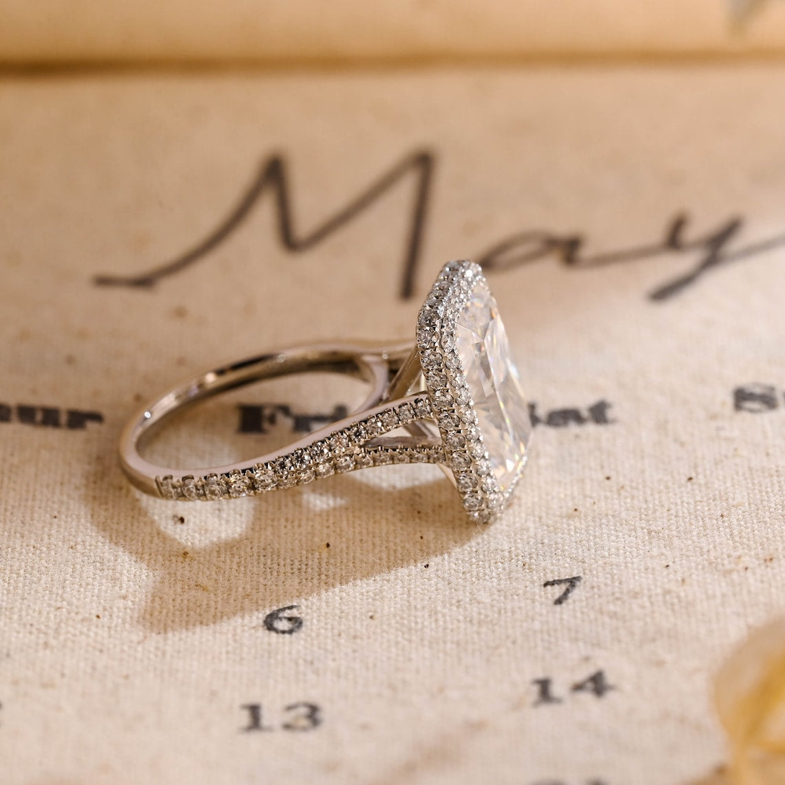 5.0 CT Radiant Shaped Moissanite Engagement Ring With Halo Split Shank Pave Accents 4