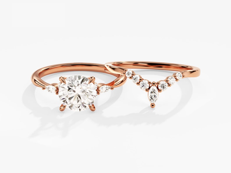 1.50 CT Round Cut Moissanite Cluster Bridal Ring Set with Round & Marquise Curved Wedding Bands 3