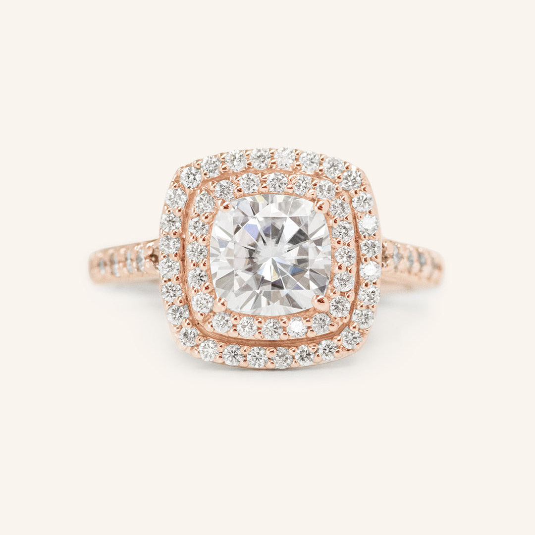Stunning 1.0 CT Cushion Moissanite Engagement Ring with Double Halo and Pave Design 2