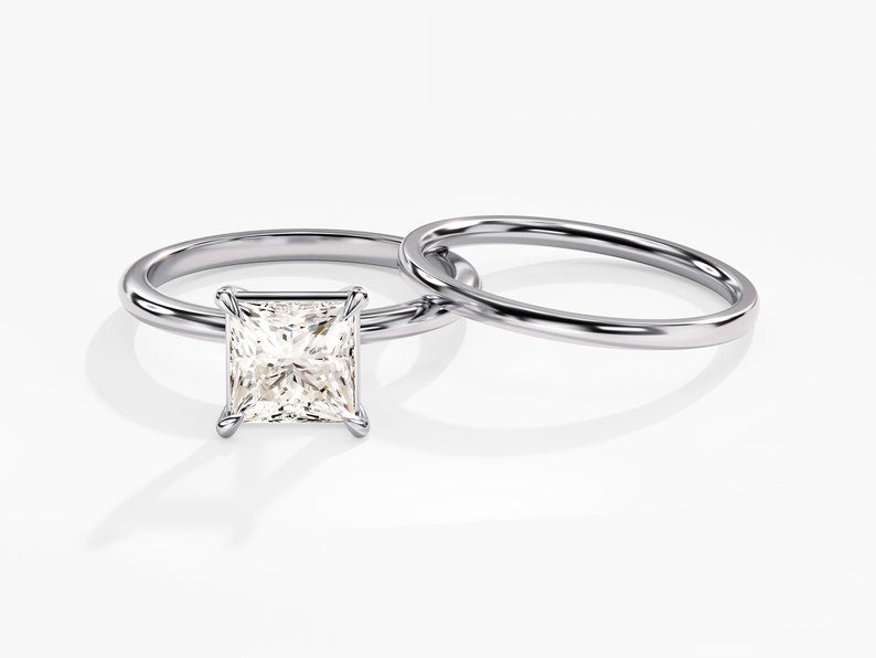 1.50 CT Princess Cut Moissanite Bridal Ring Set with Plain Wedding Bands 3