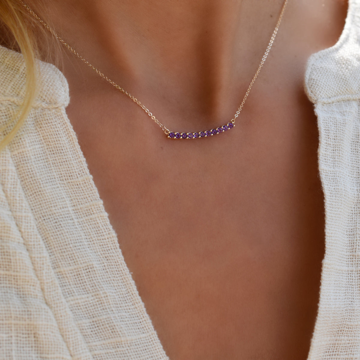 1.32 TCW Round Amethyst Lab Made Diamond- February Birthstone Bar Necklace 9