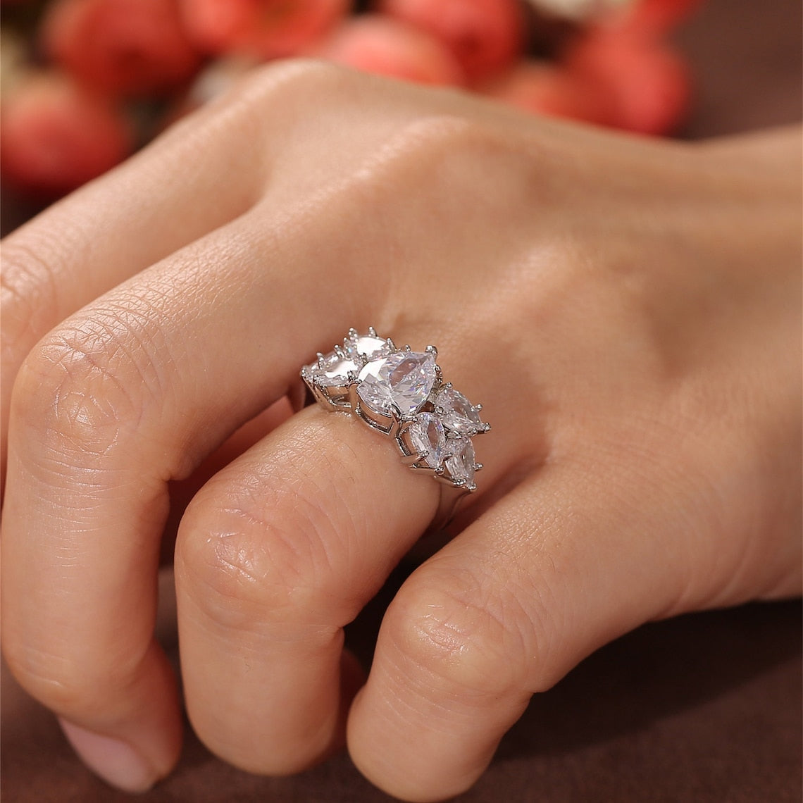 Stunning 2.0 CT Pear Moissanite Engagement Ring with Cluster Design 8