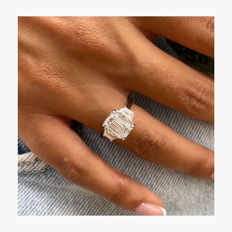 Classic 2.0 CT Emerald Moissanite Engagement Ring with Three Stone Design 2