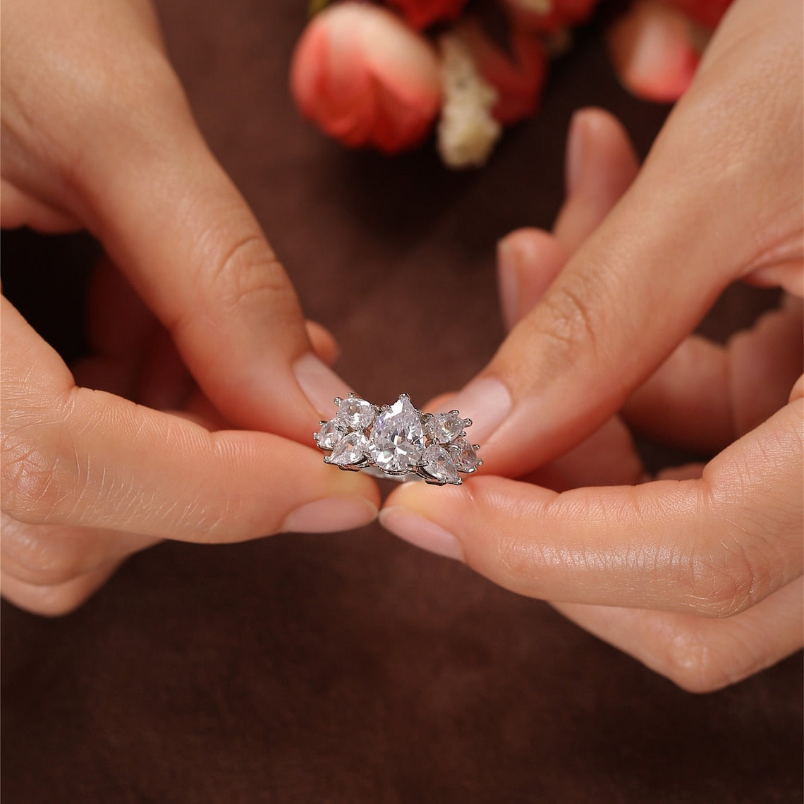 Stunning 2.0 CT Pear Moissanite Engagement Ring with Cluster Design 7