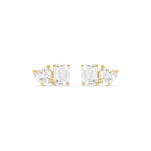 3.0 TCW Heart & Emerald Cut Moissanite Two Stone Stud Earrings in Gold