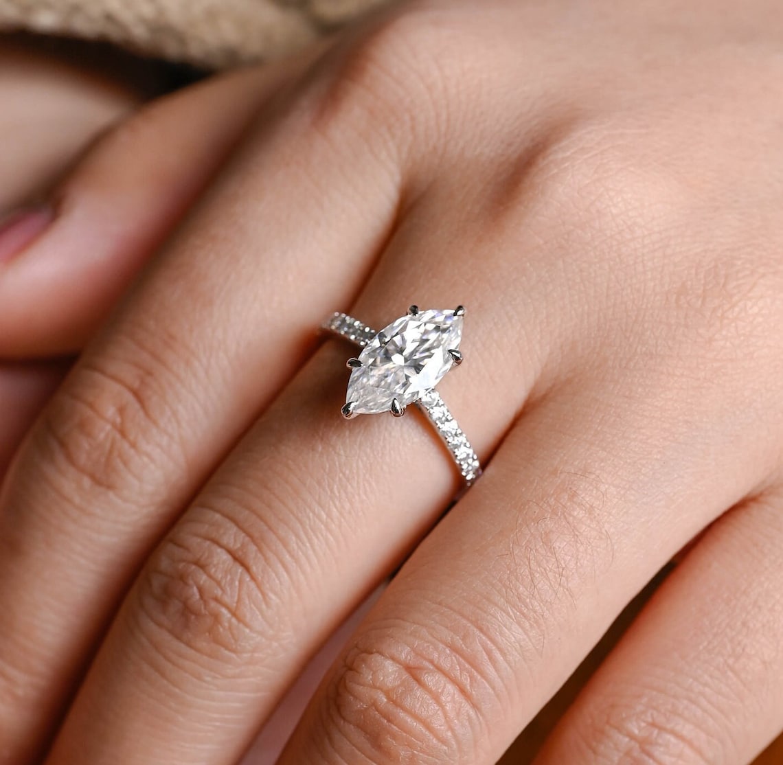 Stunning 3.0 CT Marquise Cut Moissanite Engagement Ring with Hidden Halo & Pave Design 7