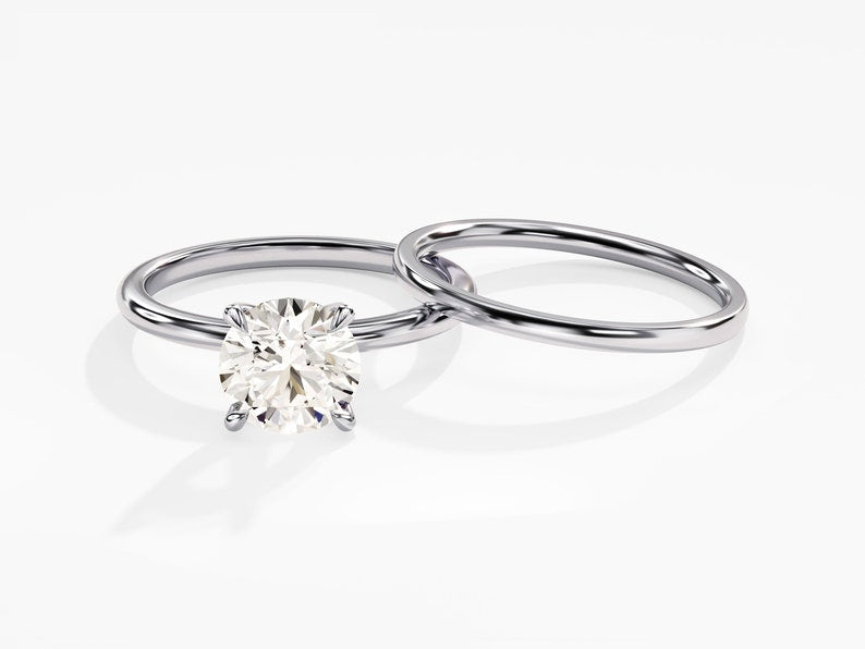 1.50 CT Round Cut Moissanite Bridal Ring Set with Plain Wedding Bands 3
