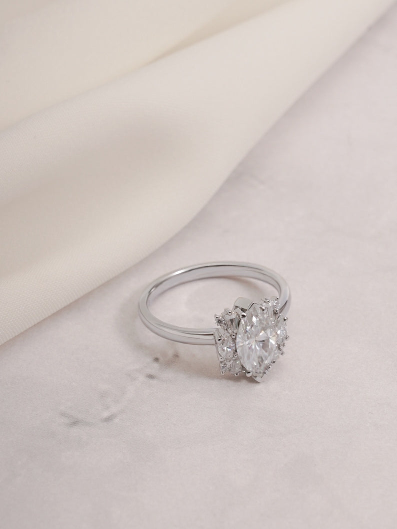 Stunning 1.0 - 2.0 CT Marquise Moissanite Engagement Ring with Cluster Design 3