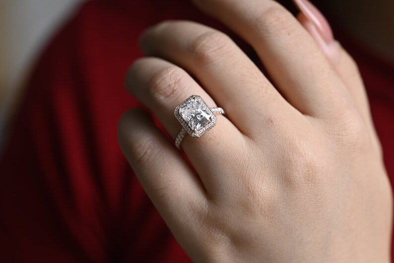 Stunning 1.0 - 2.0 CT Radiant Moissanite Engagement Ring with Pave & Halo Design 6