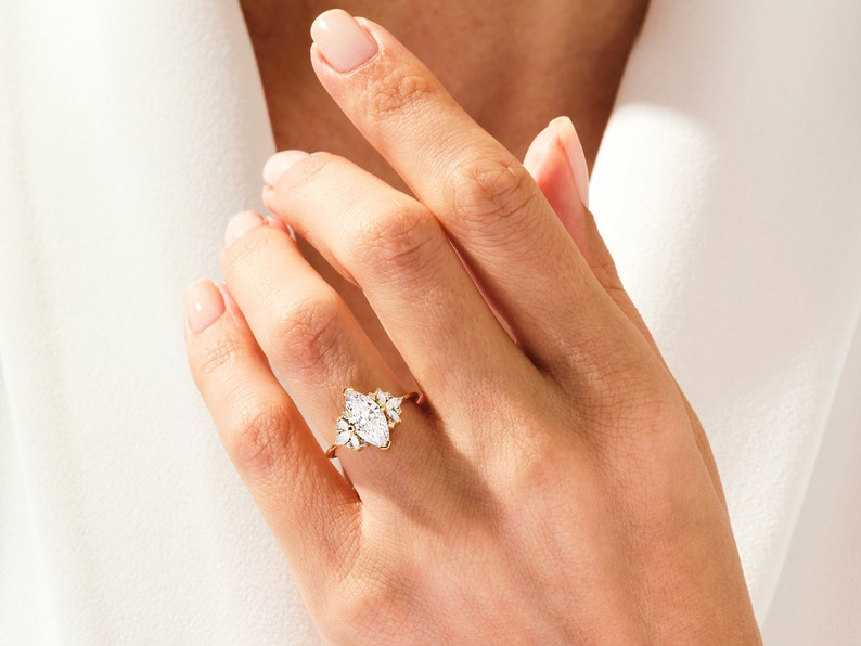 Stunning 1.0-1.50 CT Marquise Moissanite Engagement Ring with Cluster Design 8