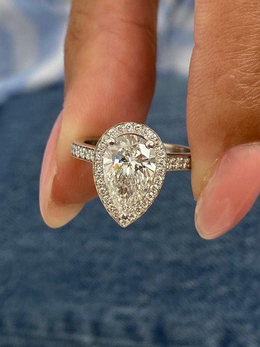 Stunning 1.75 CT Pear Moissanite Engagement Ring with Halo & Pave Design 1