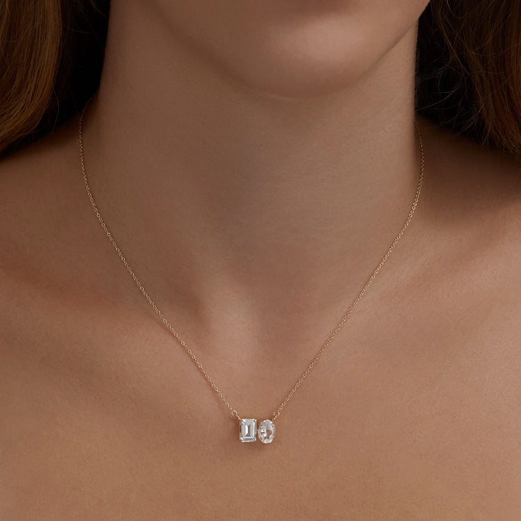 1.0 CT Emerald & Oval Moissanite Diamond Two Stone Necklace in Solid Gold 3