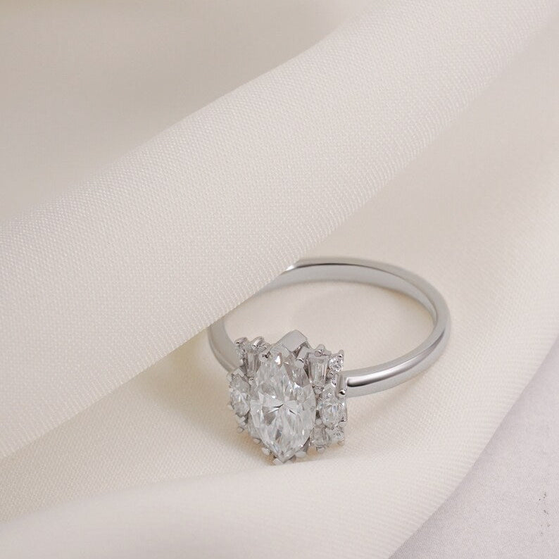 Stunning 1.0 - 2.0 CT Marquise Moissanite Engagement Ring with Cluster Design 2
