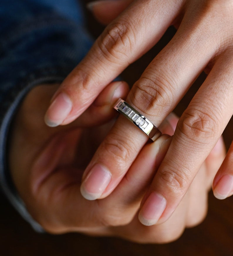 Delicate Moissanite Band with 0.20 TCW Emerald Cut Stones in Solid Gold 3