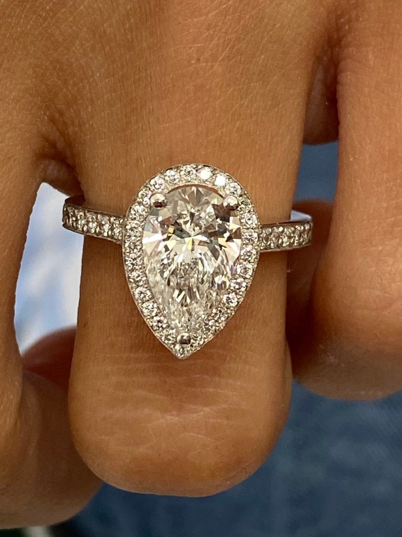 Stunning 1.75 CT Pear Moissanite Engagement Ring with Halo & Pave Design 6