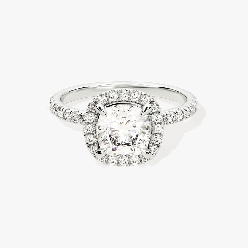 Stunning 1.0-2.0 CT Cushion Moissanite Engagement Ring with Halo & Pave Design 4