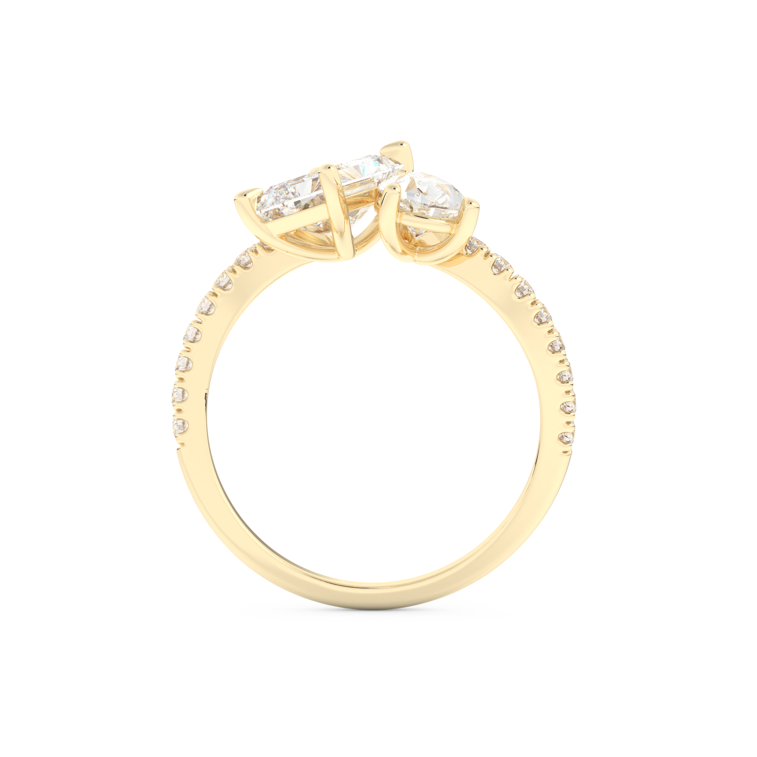 Radiant and Pear Cut 1.5 Carat Moissanite Ring – Two Stone Open Shank Setting in Gold 11