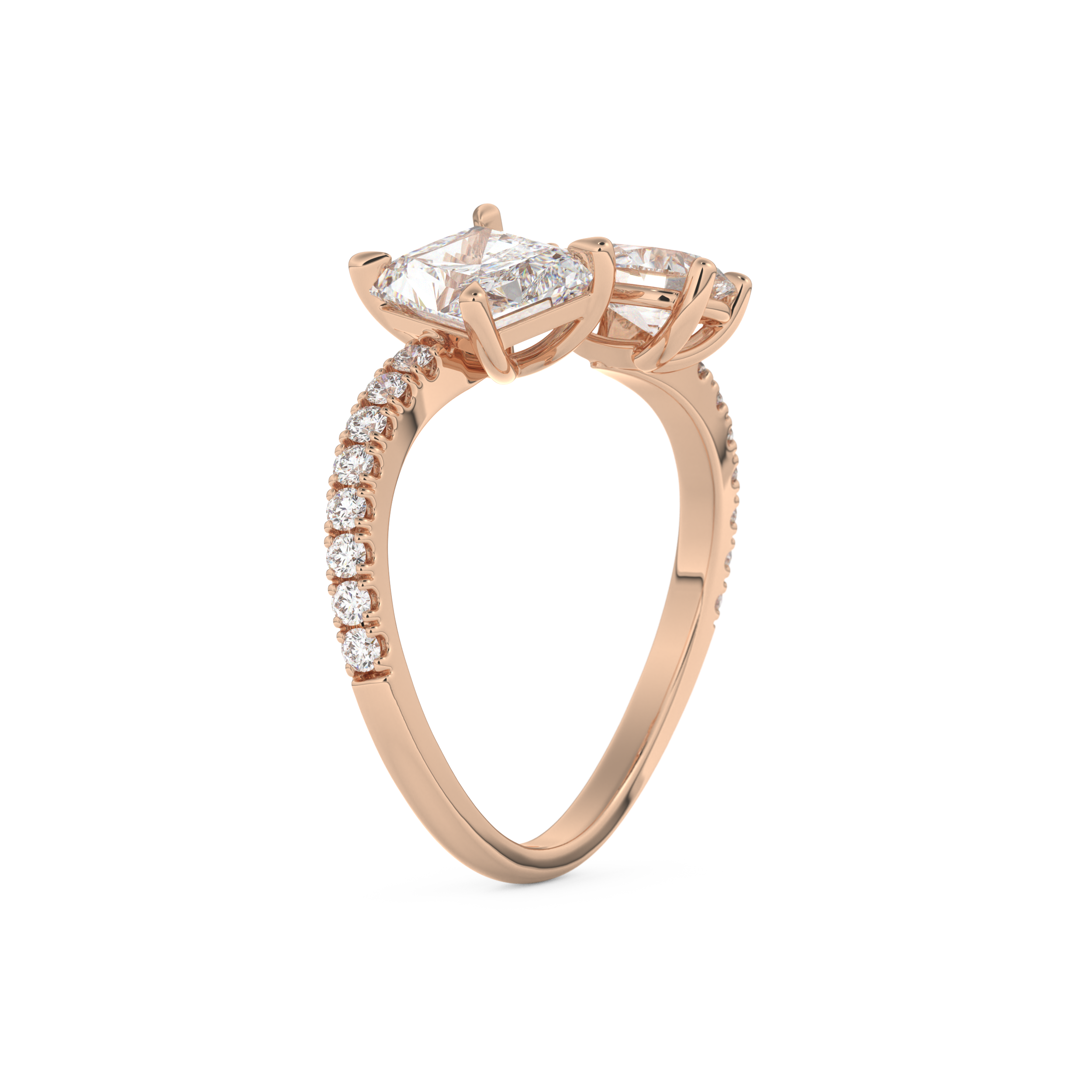 Radiant and Pear Cut 1.5 Carat Moissanite Ring – Two Stone Open Shank Setting in Gold 16