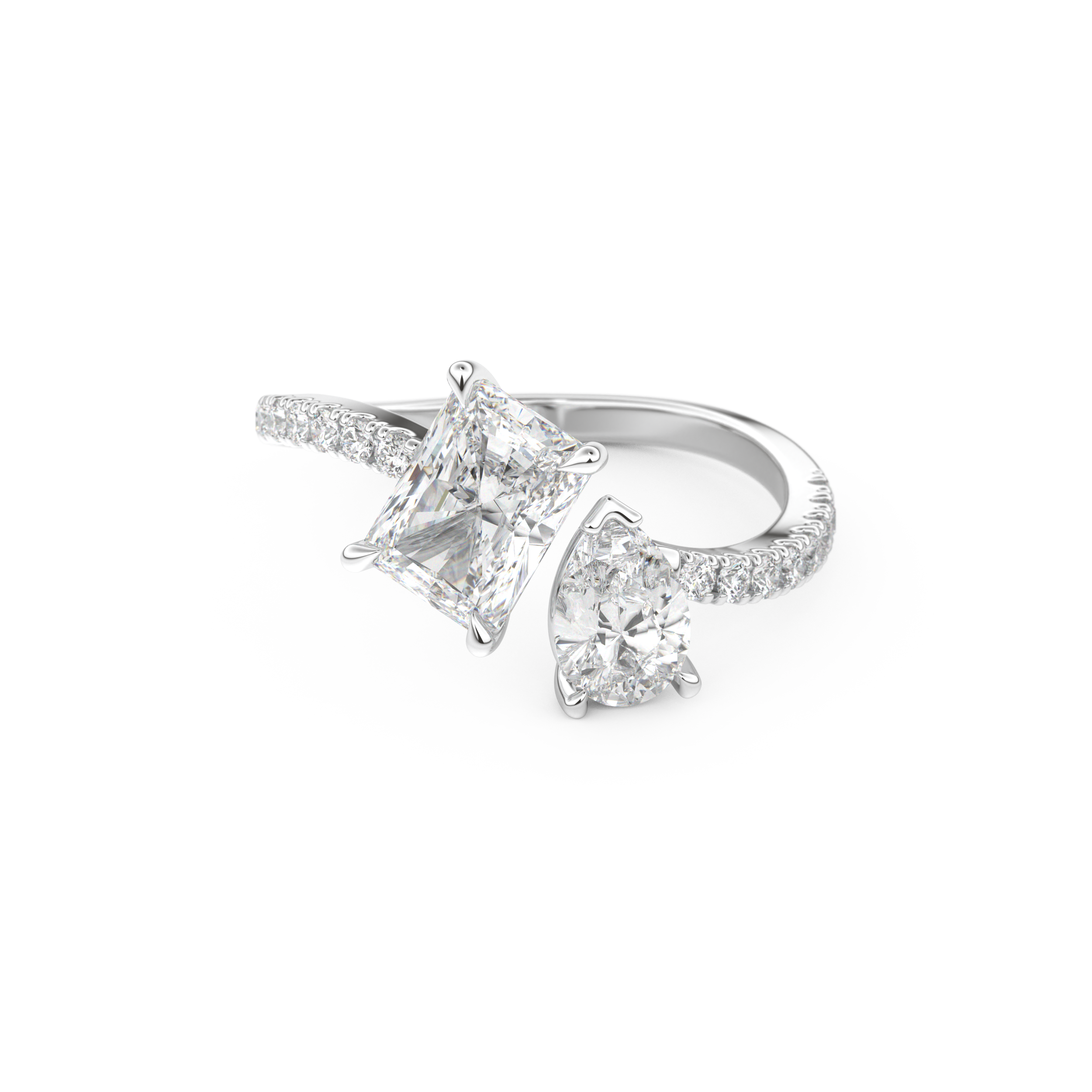 Radiant and Pear Cut 1.5 Carat Moissanite Ring – Two Stone Open Shank Setting in Gold 1