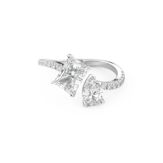 Radiant and Pear Cut 1.5 Carat Moissanite Ring – Two Stone Open Shank Setting in Gold 1