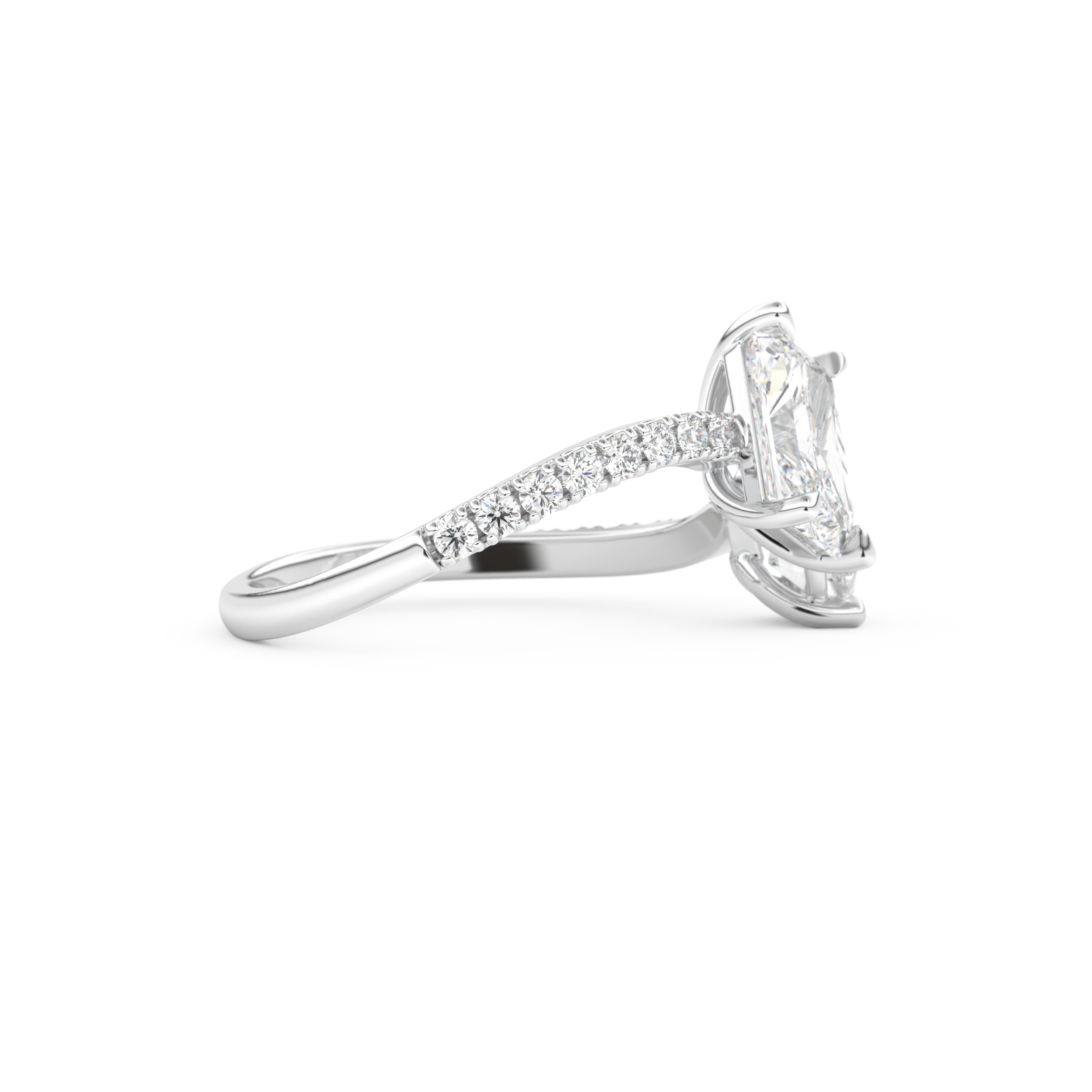 Radiant and Pear Cut 1.5 Carat Moissanite Ring – Two Stone Open Shank Setting in Gold 2