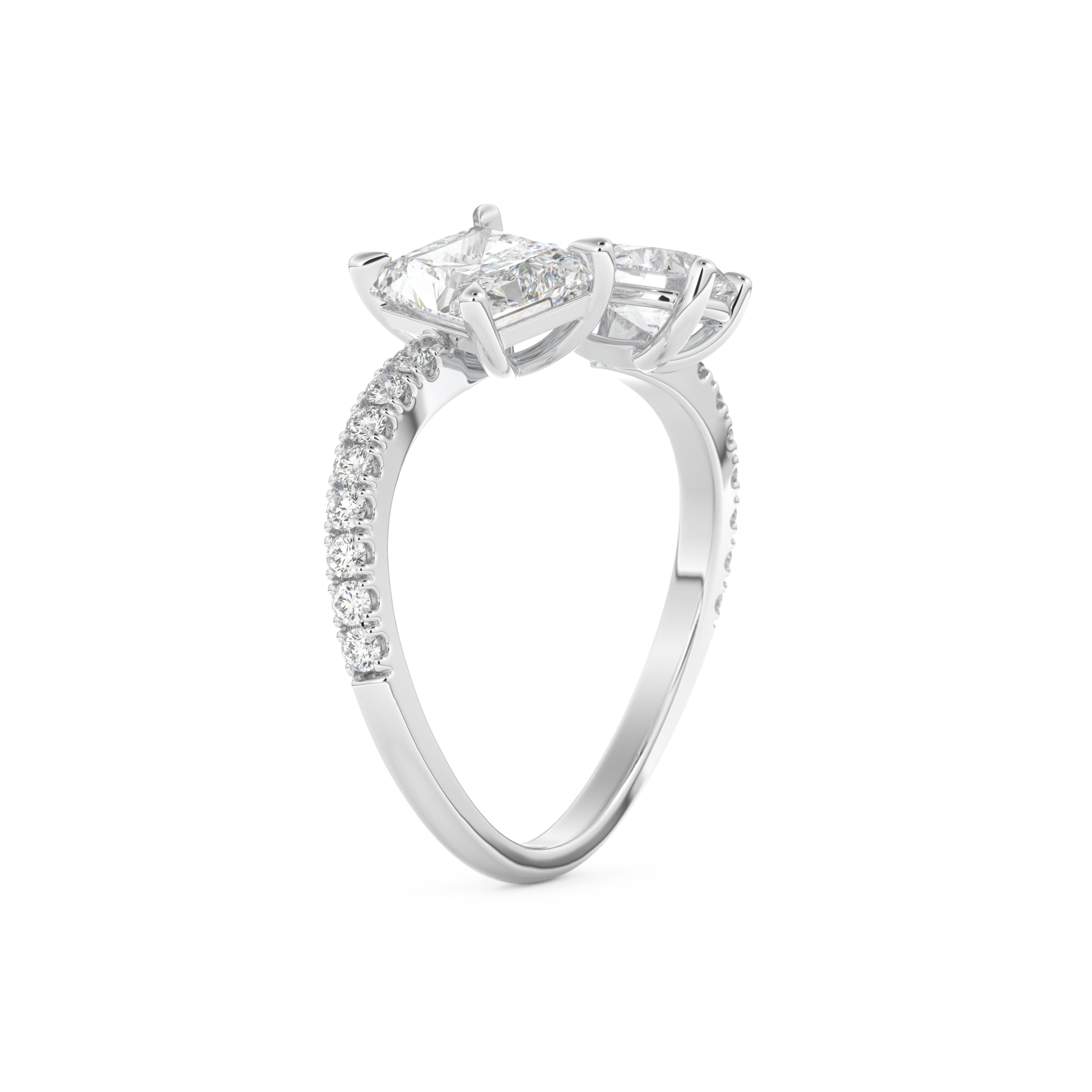 Radiant and Pear Cut 1.5 Carat Moissanite Ring – Two Stone Open Shank Setting in Gold 4
