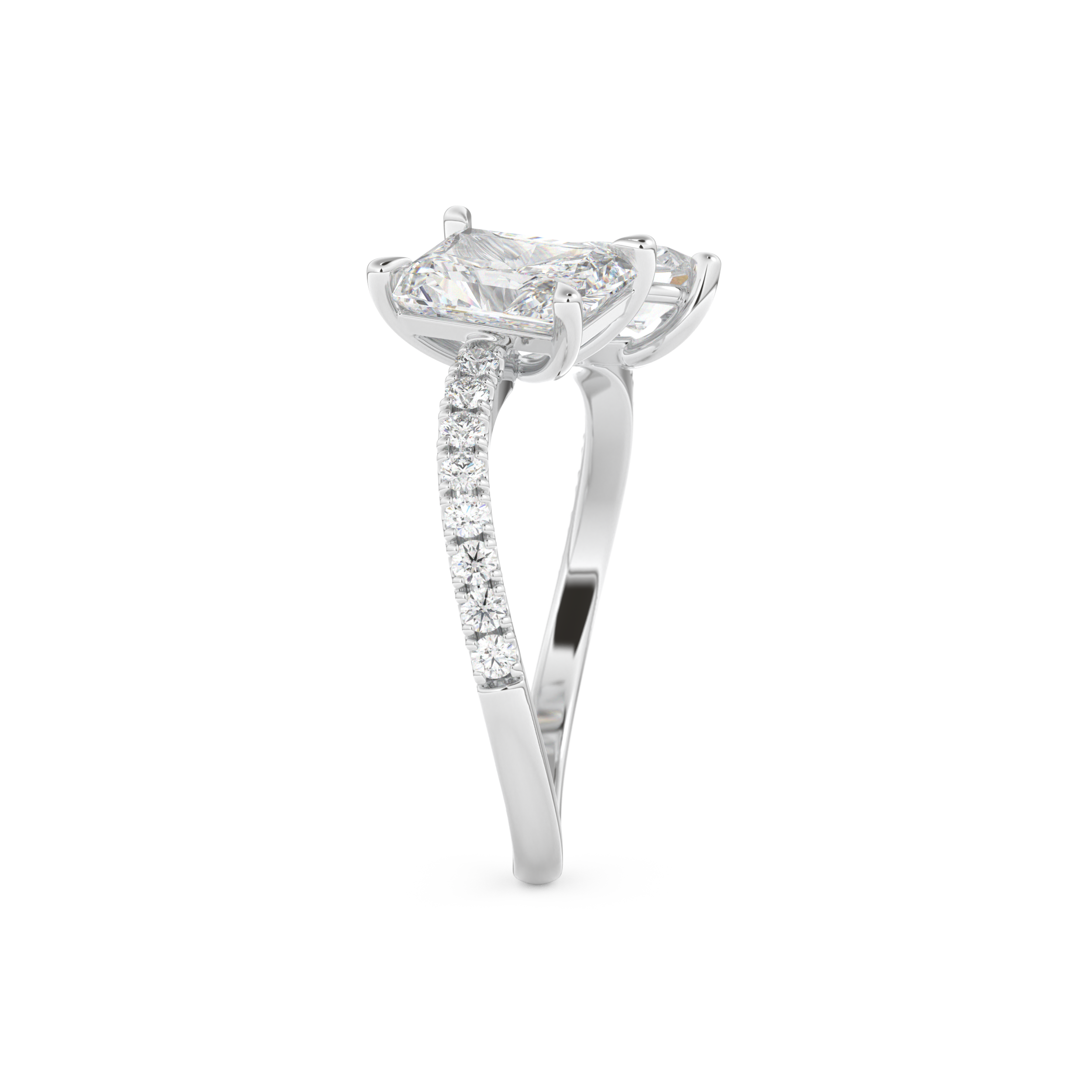 Radiant and Pear Cut 1.5 Carat Moissanite Ring – Two Stone Open Shank Setting in Gold 6