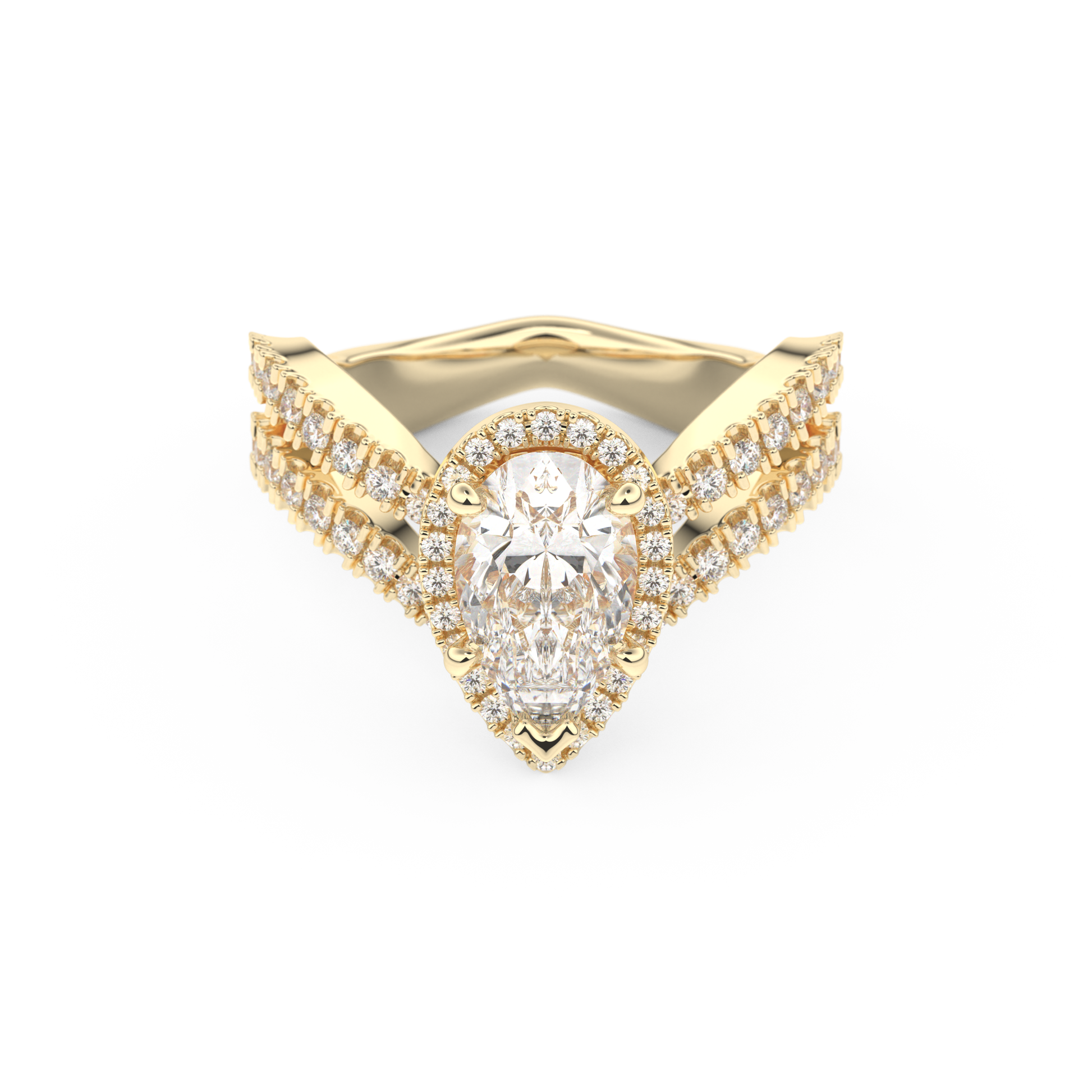Pear Cut 1.5 Carat Moissanite Ring – Halo, Pave & Curved Shank Setting in Gold