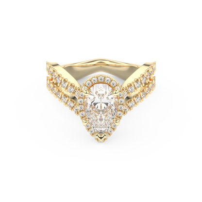 Pear Cut 1.5 Carat Moissanite Ring – Halo, Pave & Curved Shank Setting in Gold