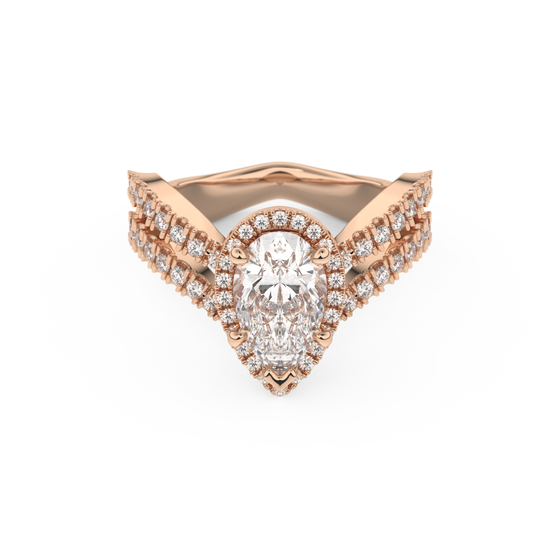 Pear Cut 1.5 Carat Moissanite Ring – Halo, Pave & Curved Shank Setting in Gold