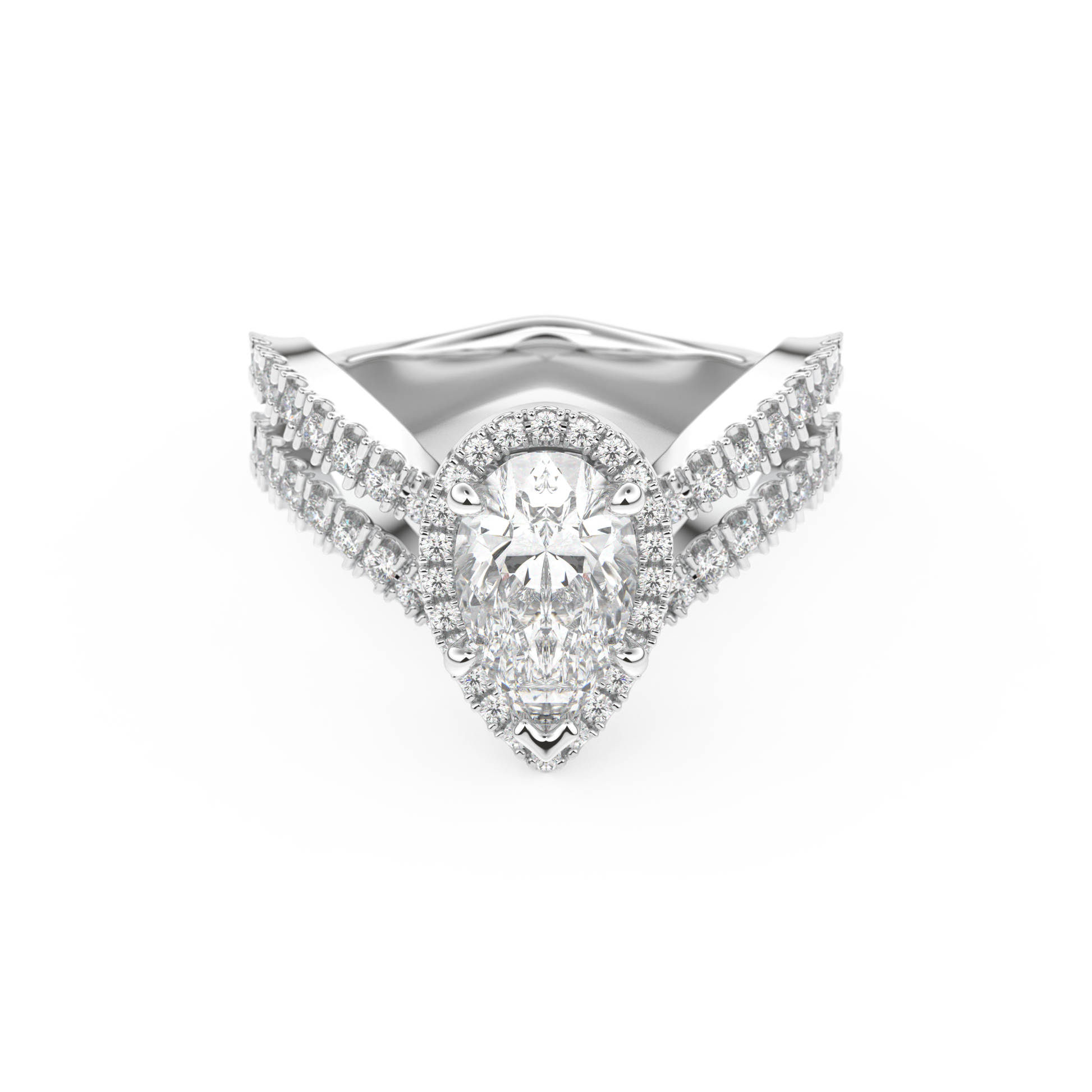 Pear Cut 1.5 Carat Moissanite Ring – Halo, Pave & Curved Shank Setting in Gold