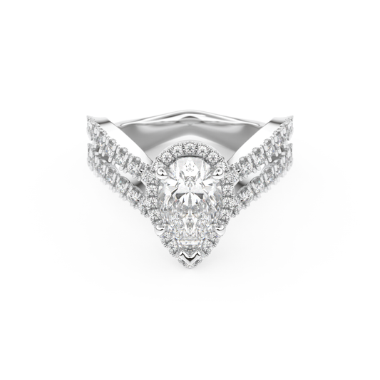 Pear Cut 1.5 Carat Moissanite Ring – Halo, Pave & Curved Shank Setting in Gold