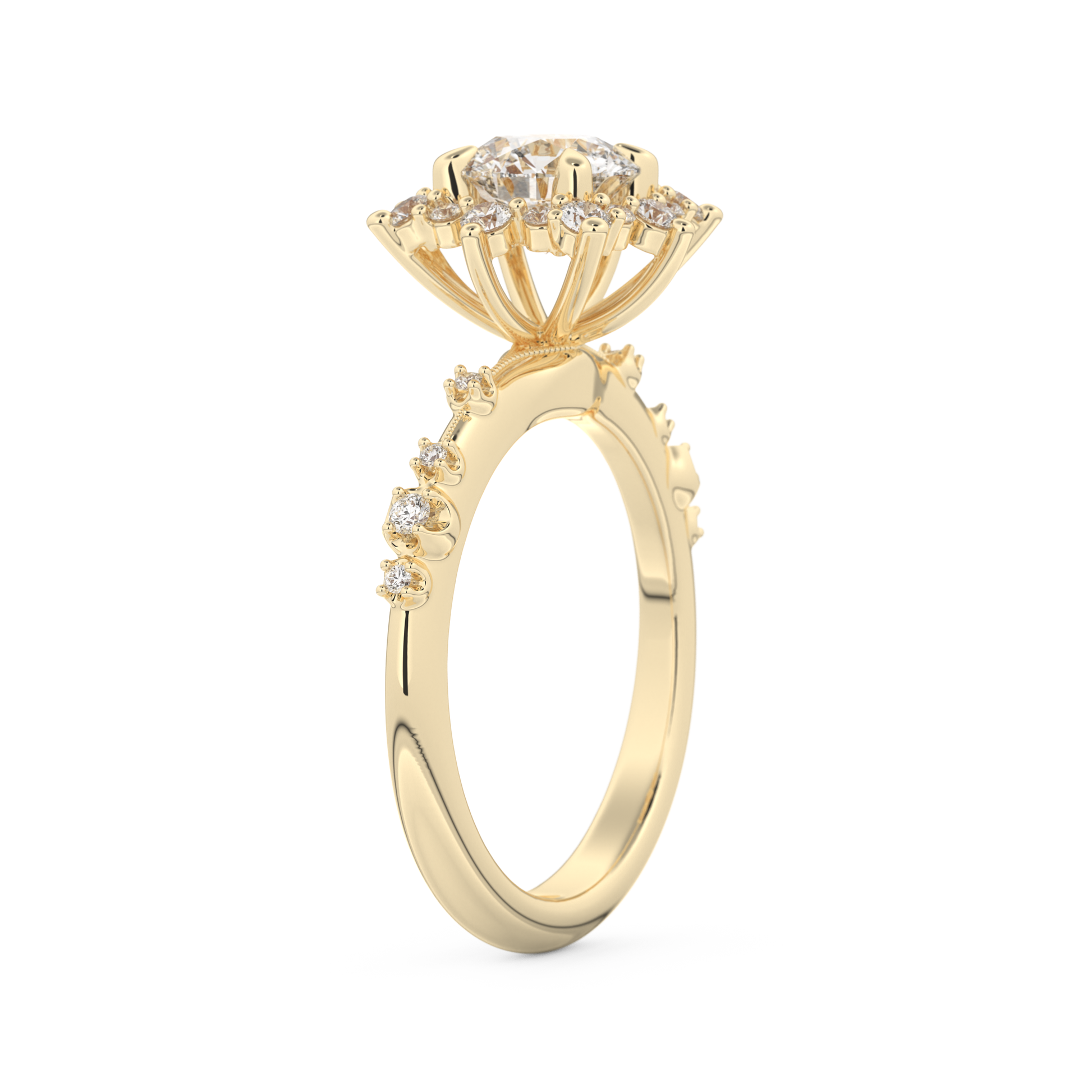 Round Cut 1.03 Carat Moissanite Ring – Cluster Setting in Gold