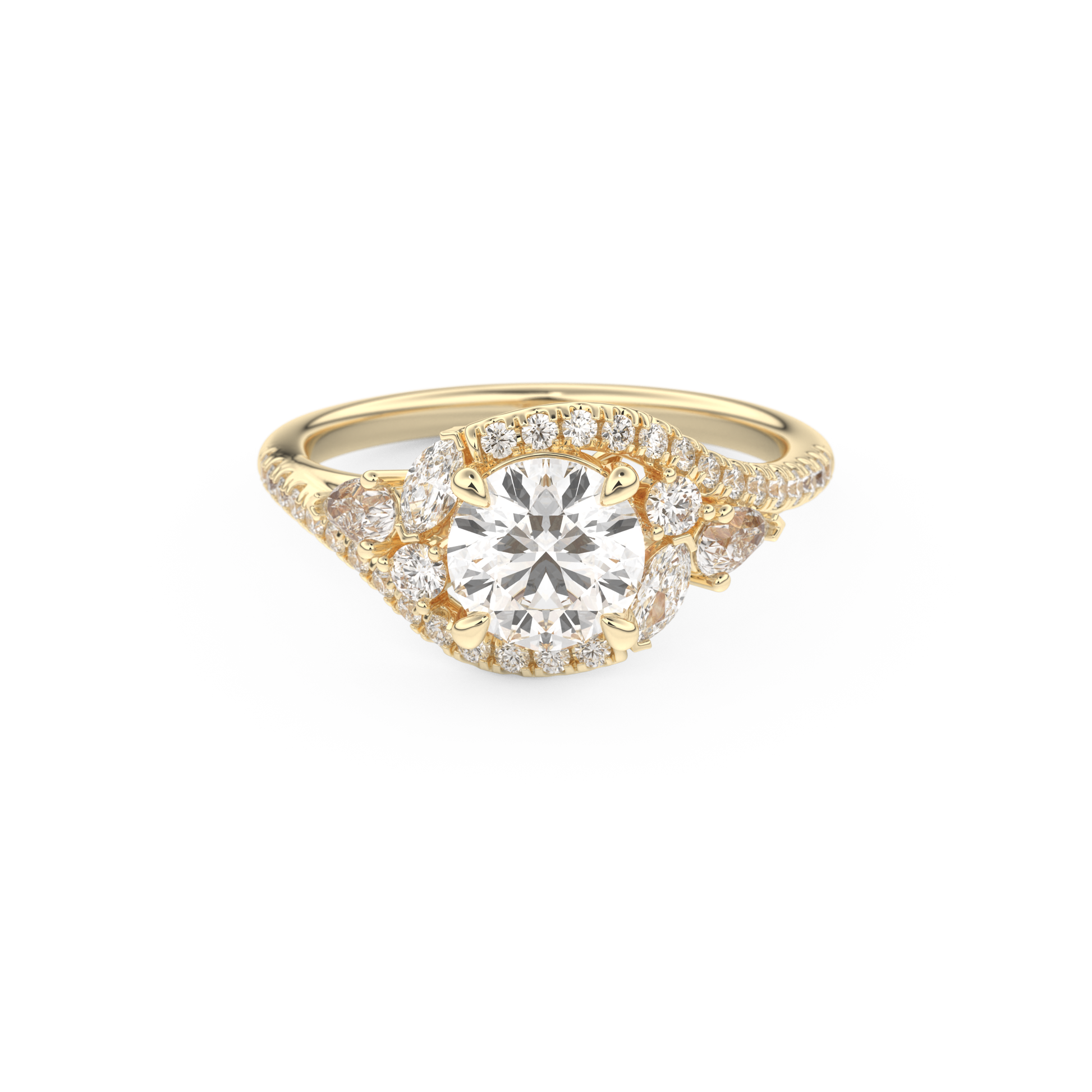 Round Cut 1.0 Carat Moissanite Ring – Cluster Setting in Gold