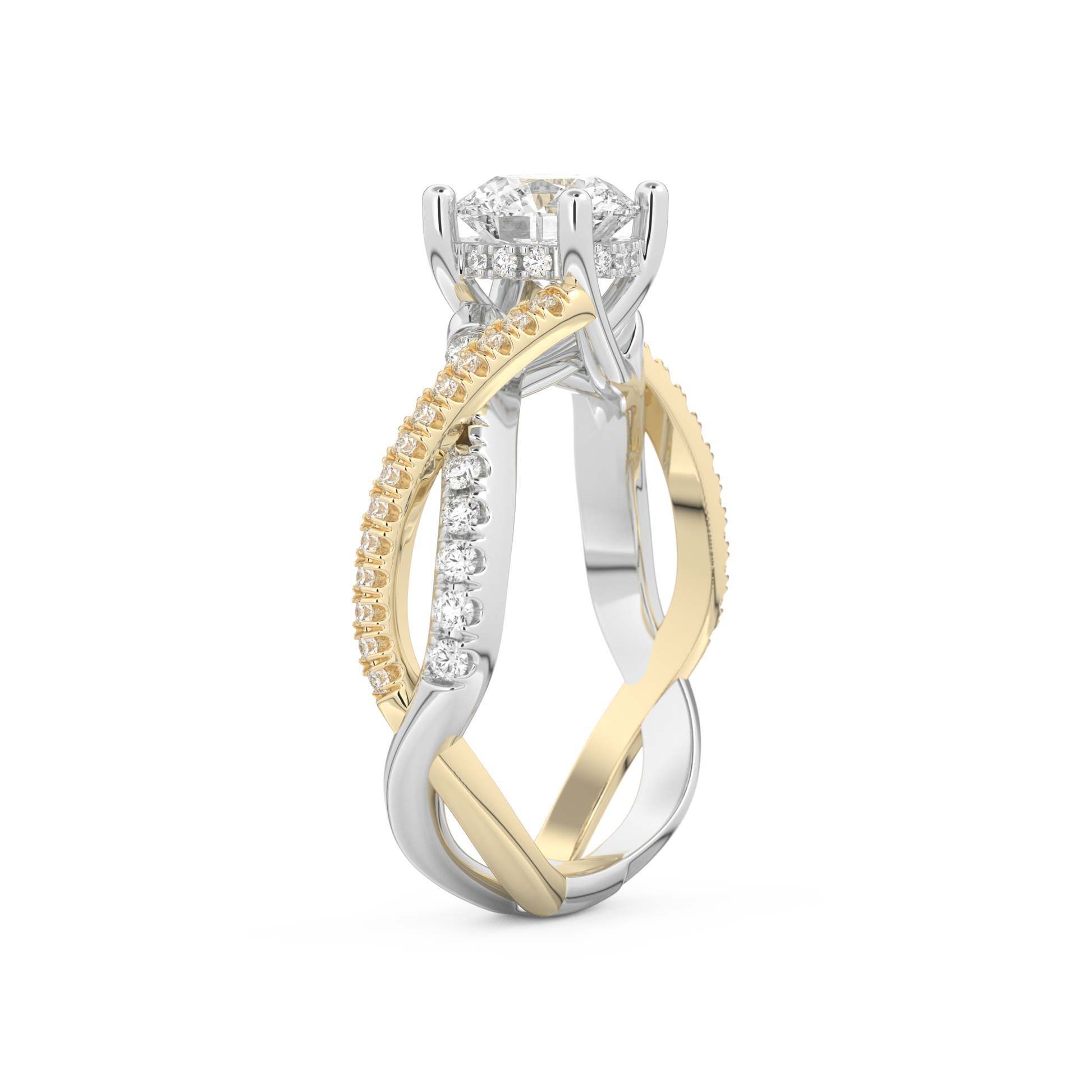 Round Cut 1 Carat Moissanite Ring – Criss Cross Pave Setting in Gold