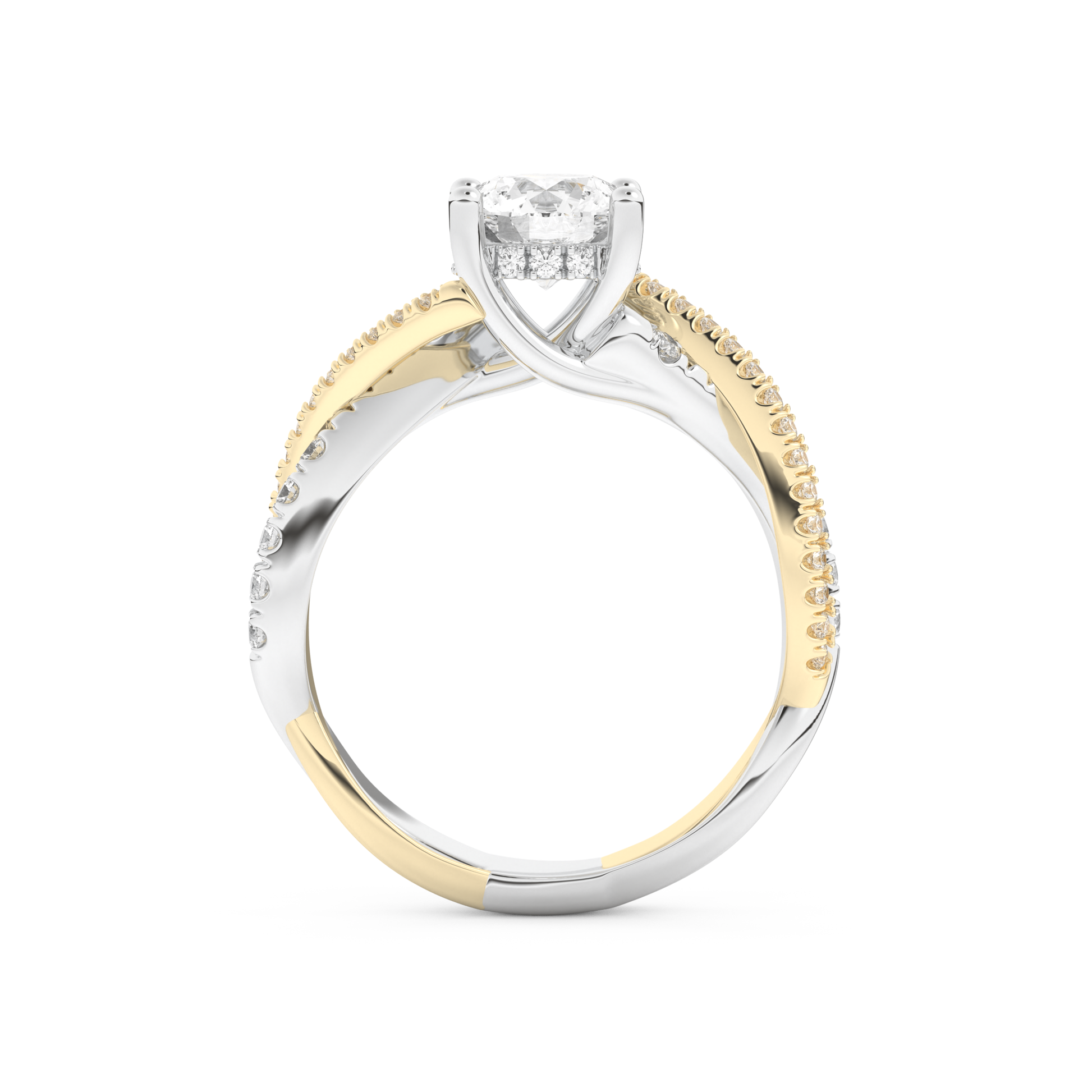 Round Cut 1 Carat Moissanite Ring – Criss Cross Pave Setting in Gold