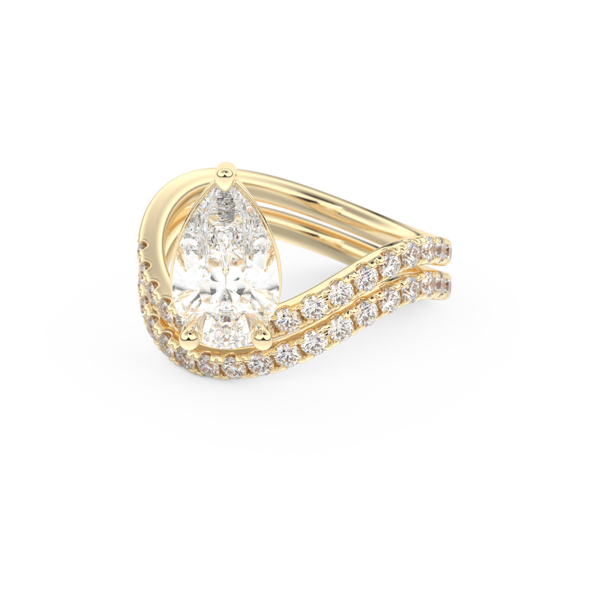 Elongated Pear Cut 1.74 Carat Moissanite Ring – Curved Shank and Pave Setting in Gold