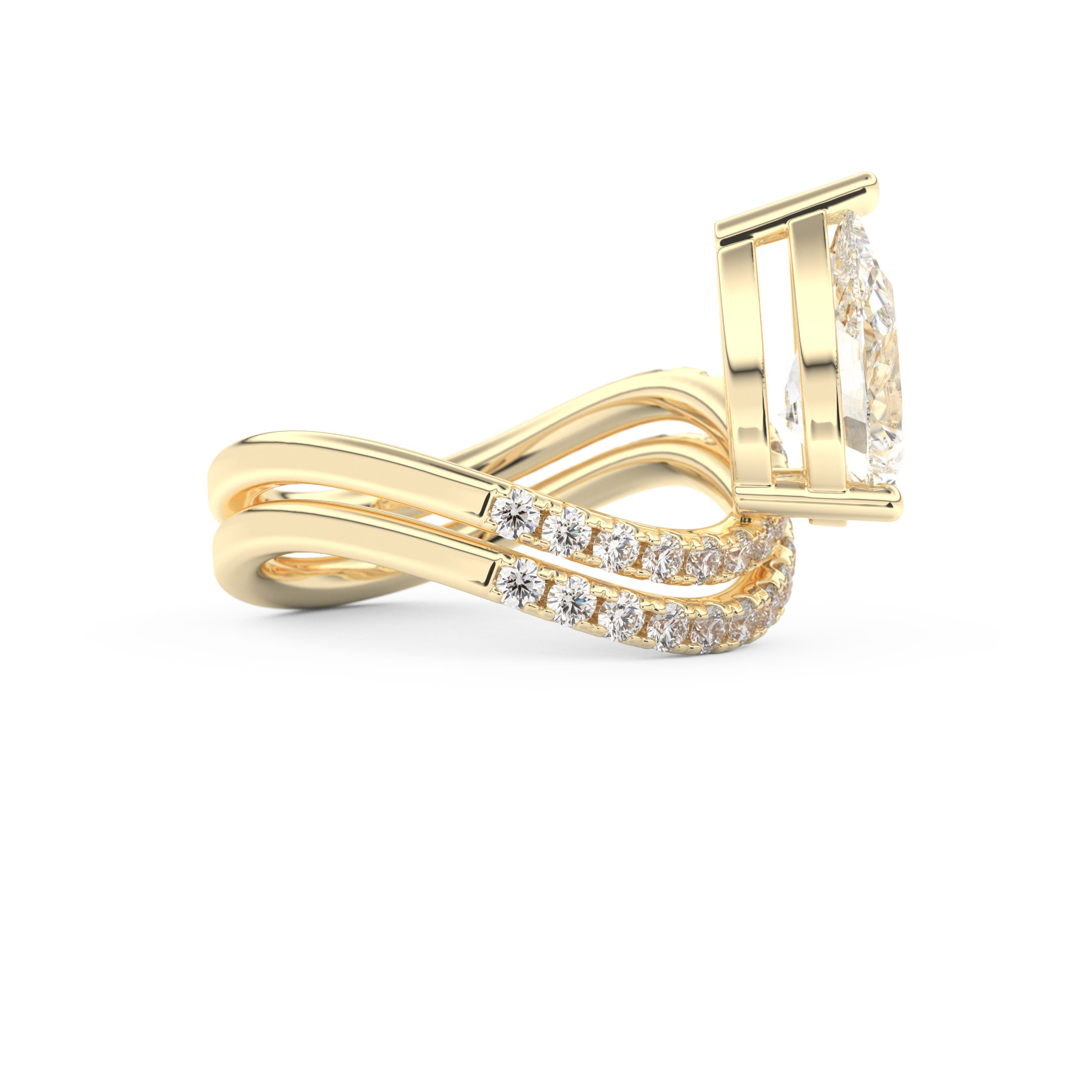 Elongated Pear Cut 1.74 Carat Moissanite Ring – Curved Shank and Pave Setting in Gold