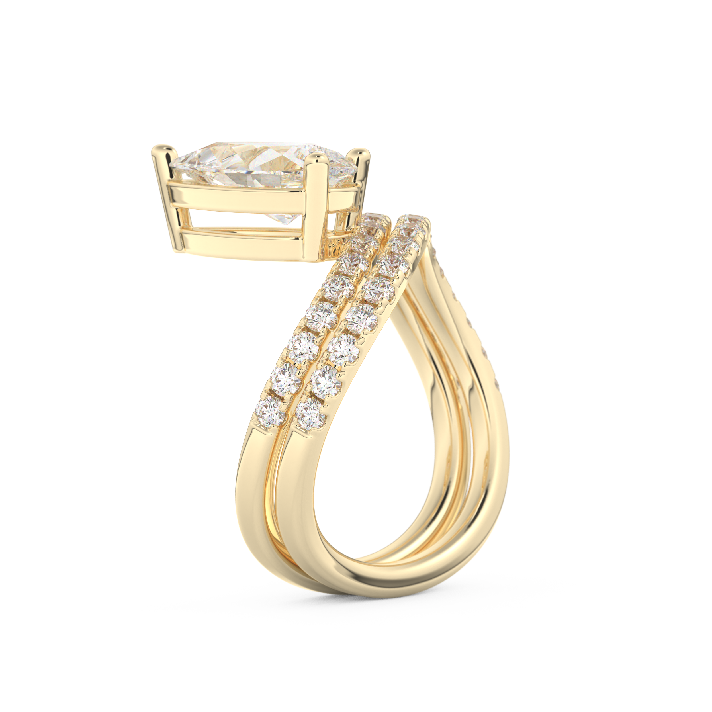 Elongated Pear Cut 1.74 Carat Moissanite Ring – Curved Shank and Pave Setting in Gold