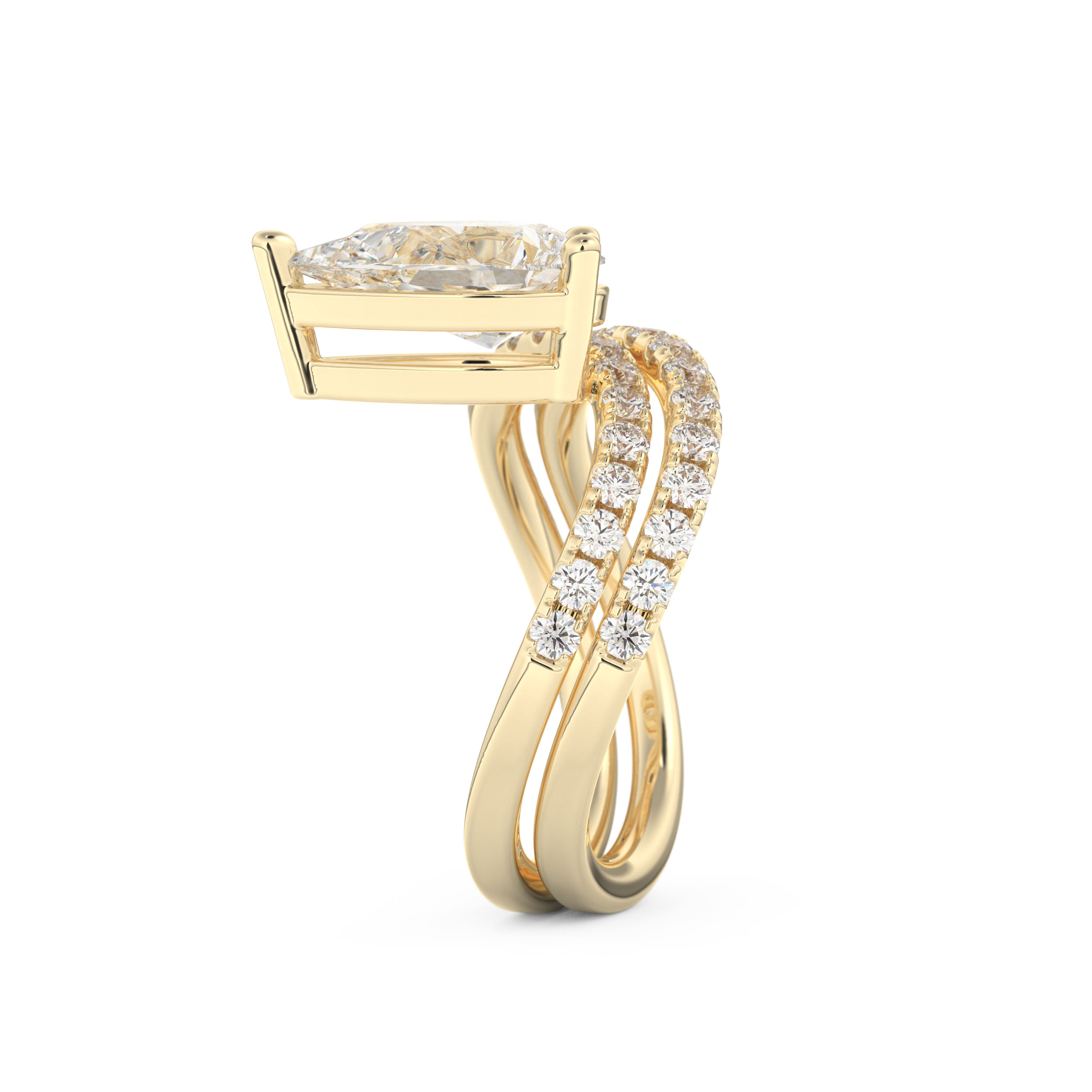 Elongated Pear Cut 1.74 Carat Moissanite Ring – Curved Shank and Pave Setting in Gold