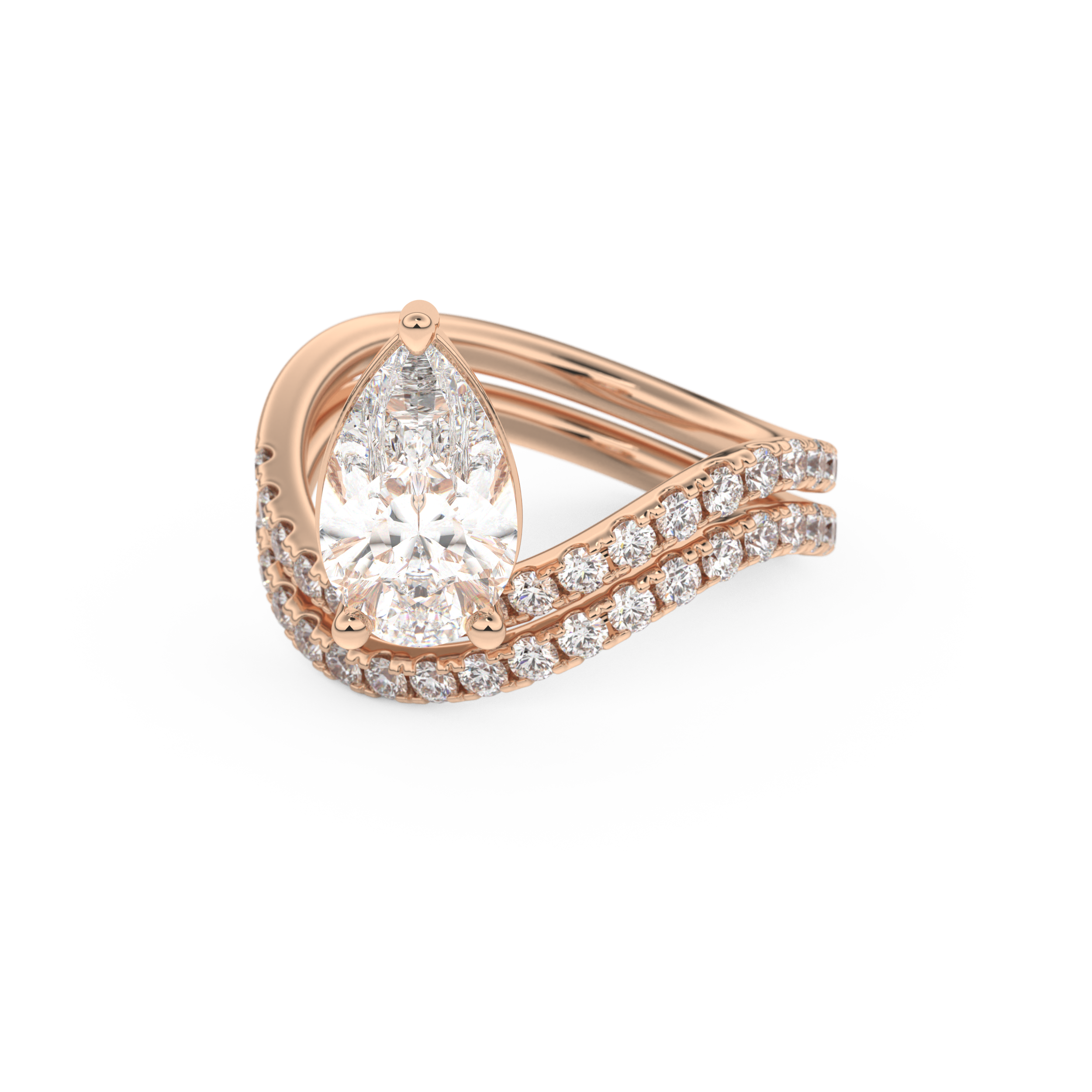 Elongated Pear Cut 1.74 Carat Moissanite Ring – Curved Shank and Pave Setting in Gold