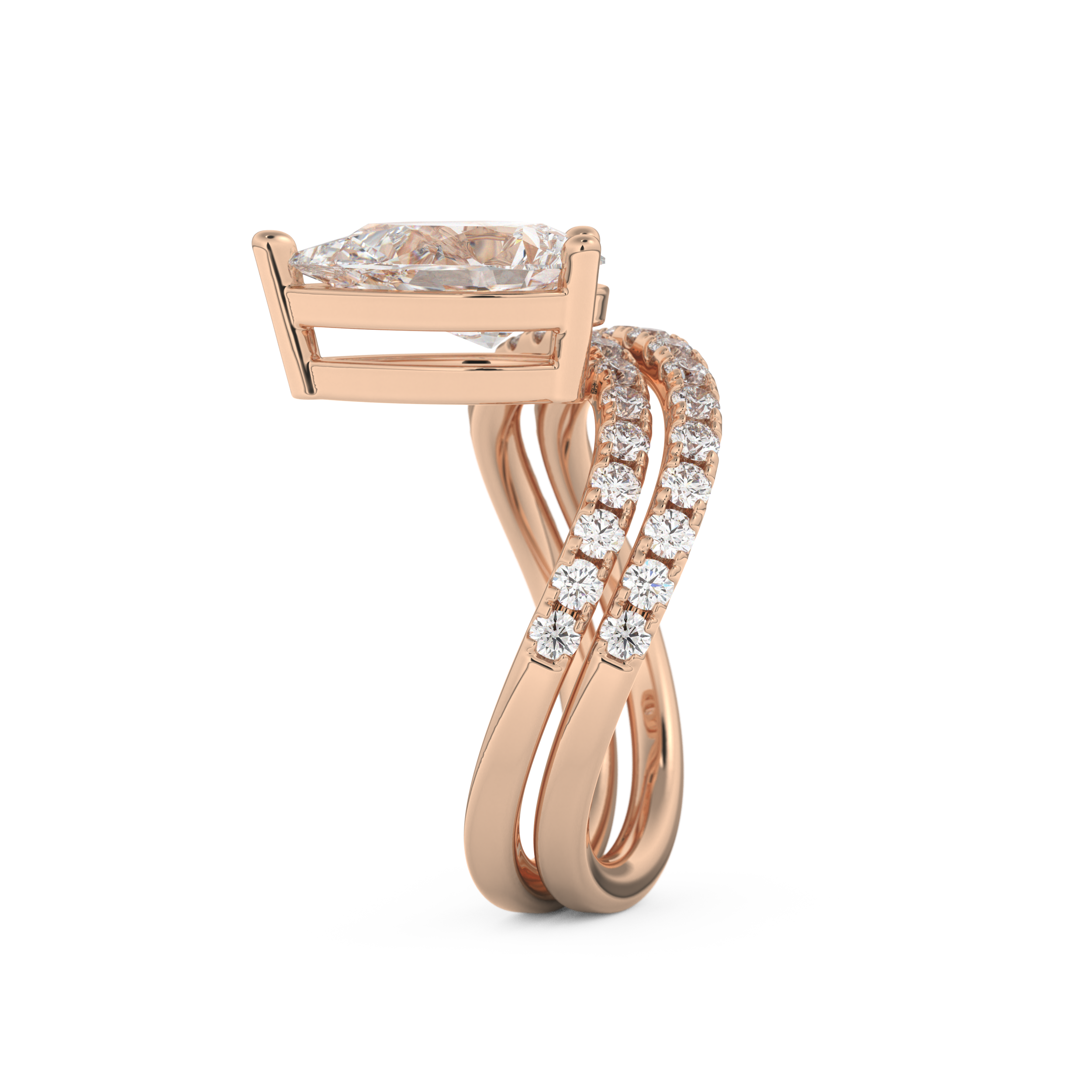 Elongated Pear Cut 1.74 Carat Moissanite Ring – Curved Shank and Pave Setting in Gold