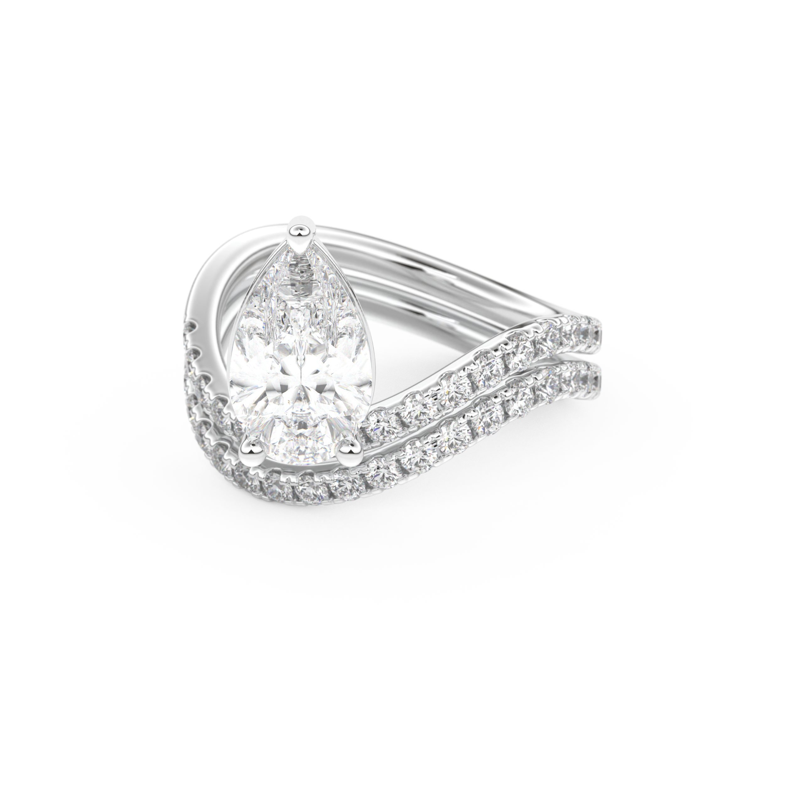 Elongated Pear Cut 1.74 Carat Moissanite Ring – Curved Shank and Pave Setting in Gold