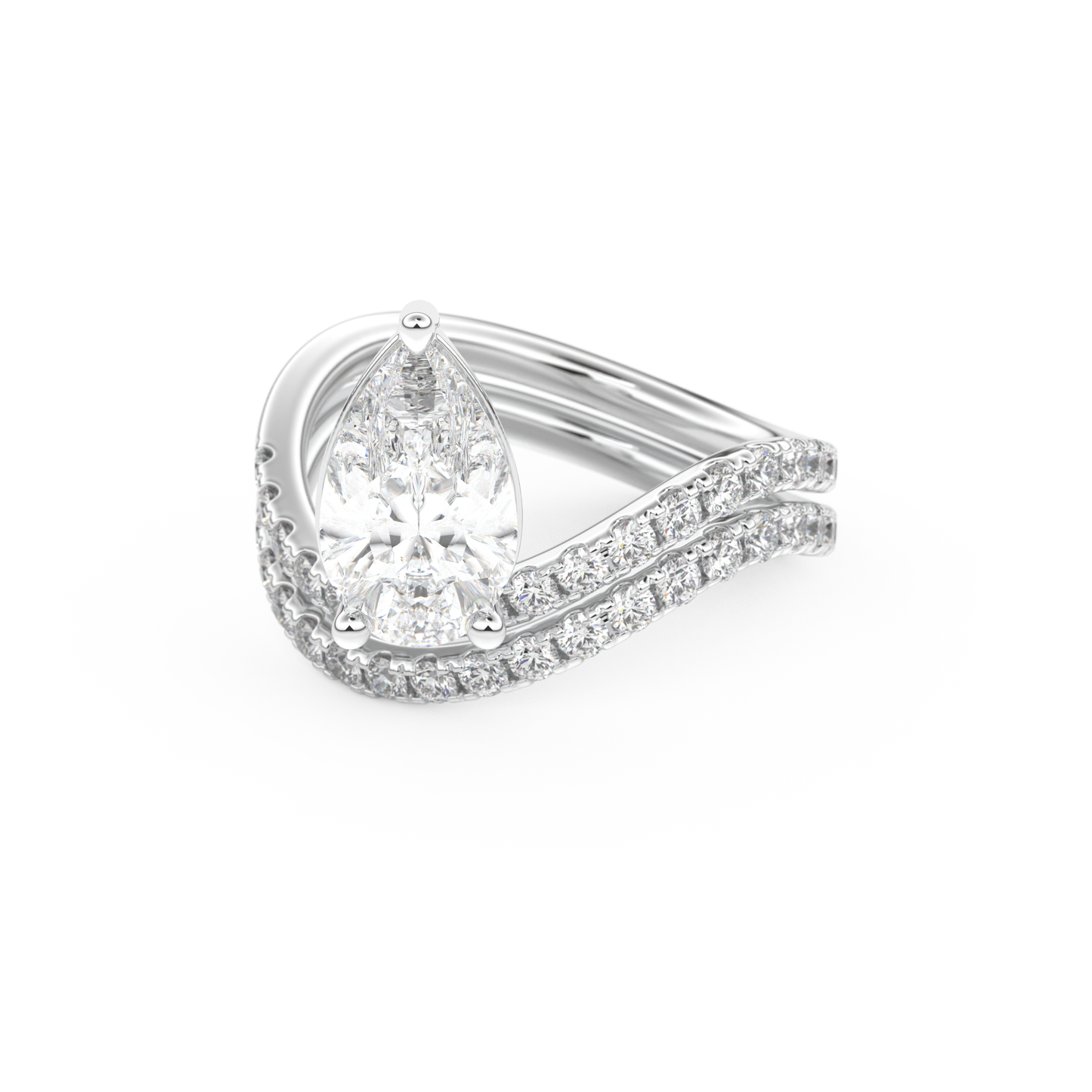 Elongated Pear Cut 1.74 Carat Moissanite Ring – Curved Shank and Pave Setting in Gold