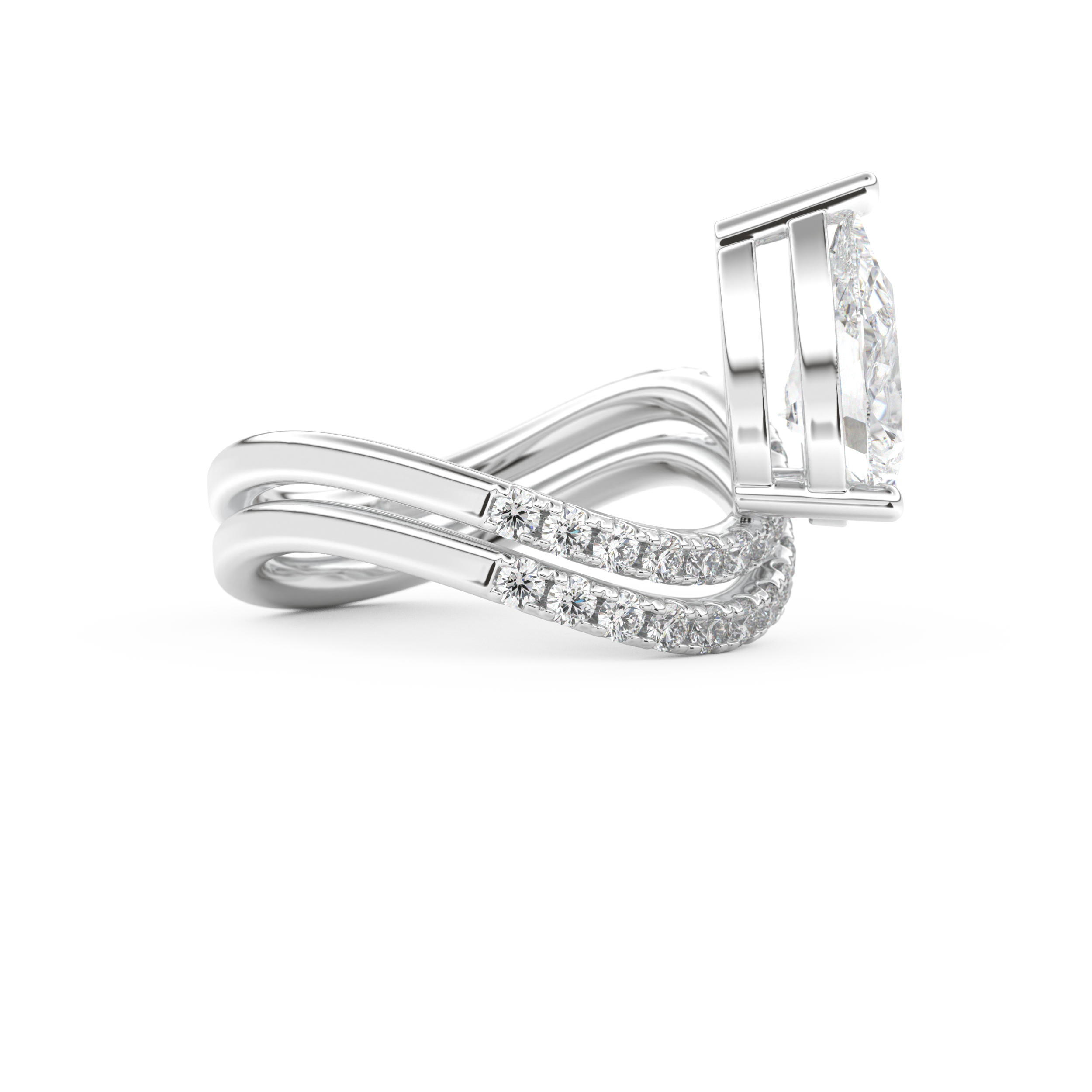 Elongated Pear Cut 1.74 Carat Moissanite Ring – Curved Shank and Pave Setting in Gold