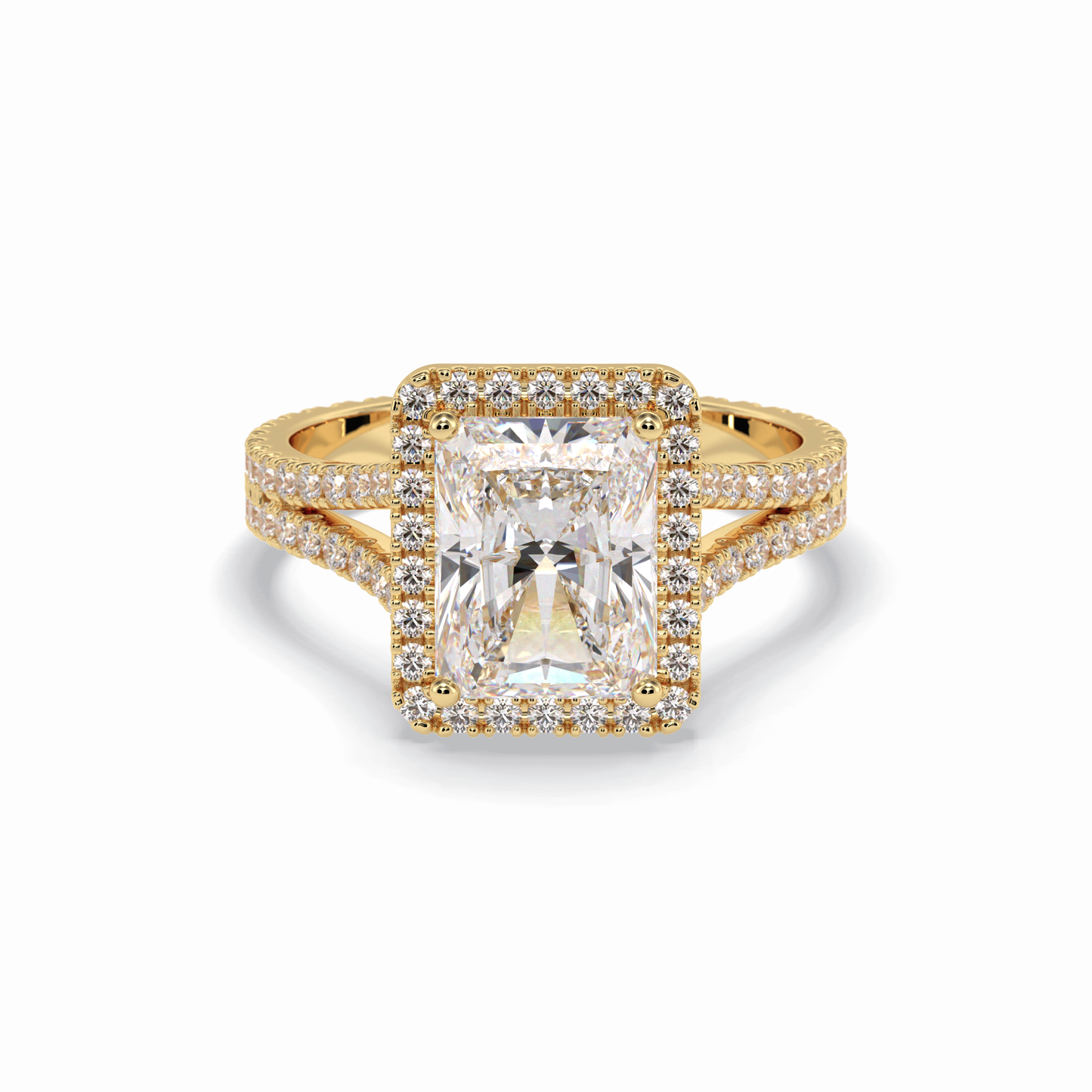 3.05 CT Radiant Cut Halo, Pave & Split Shank Style Moissanite Engagement Rings