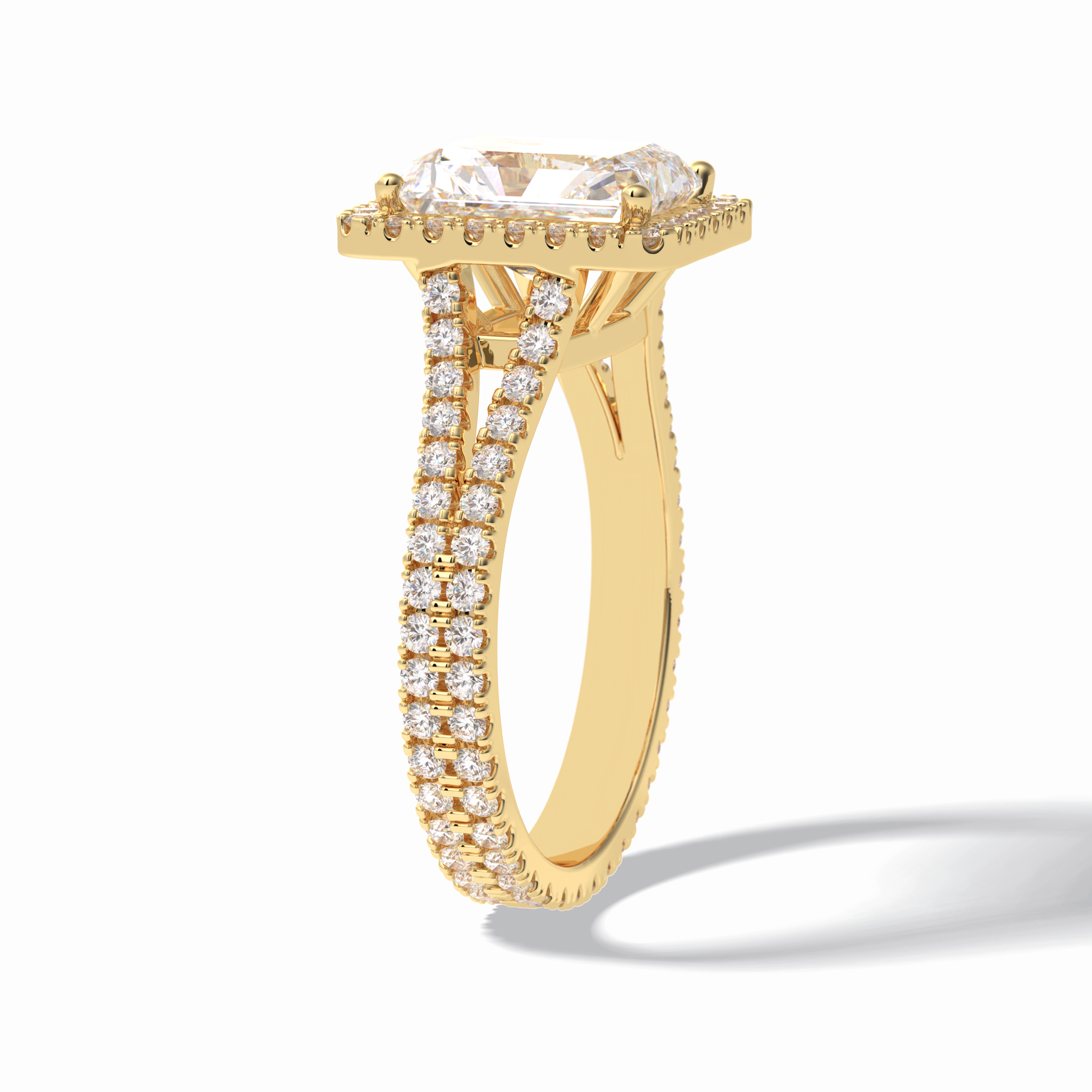 3.05 CT Radiant Cut Halo, Pave & Split Shank Style Moissanite Engagement Rings