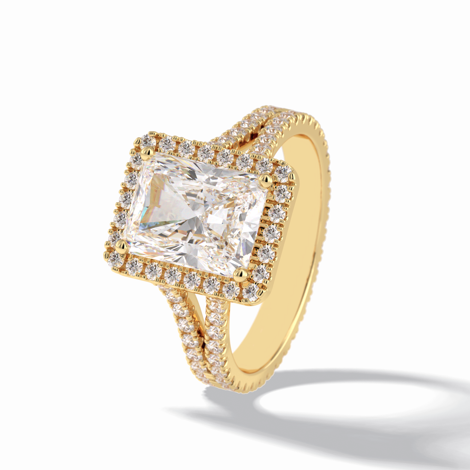 3.05 CT Radiant Cut Halo, Pave & Split Shank Style Moissanite Engagement Rings