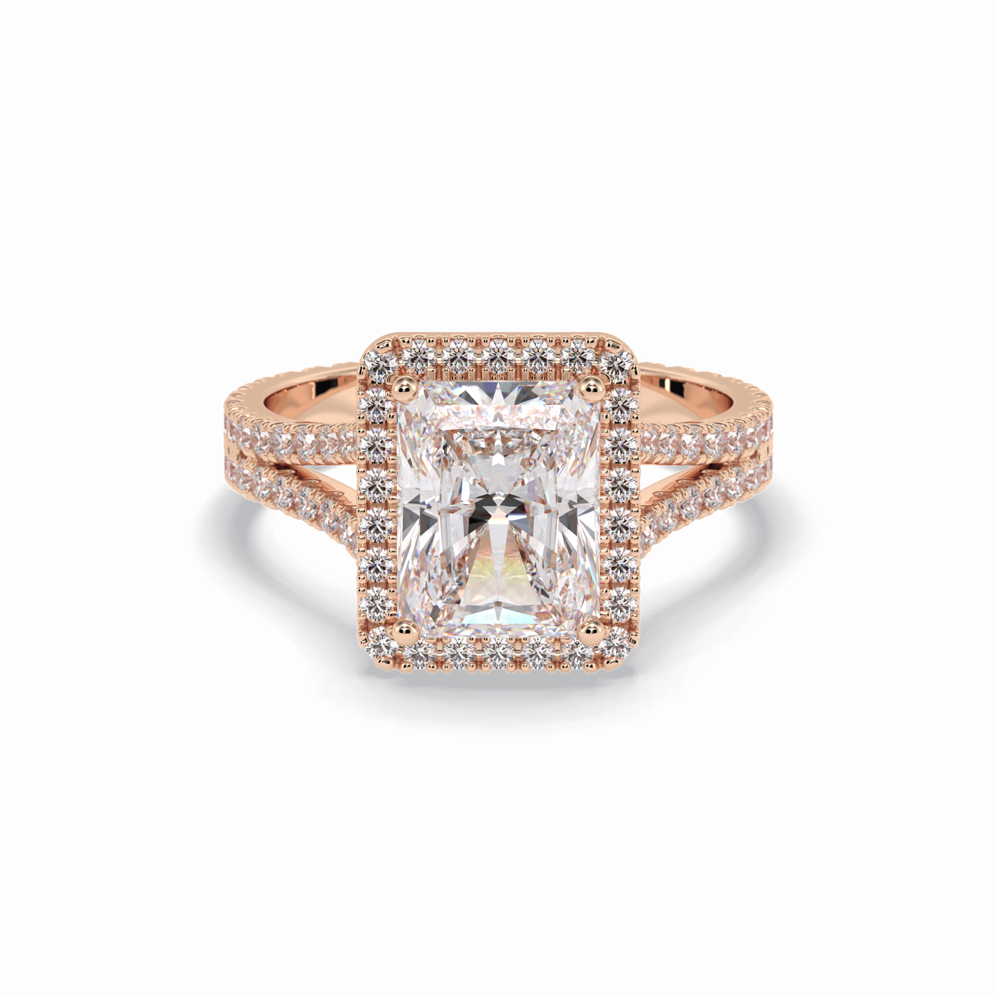 3.05 CT Radiant Cut Halo, Pave & Split Shank Style Moissanite Engagement Rings